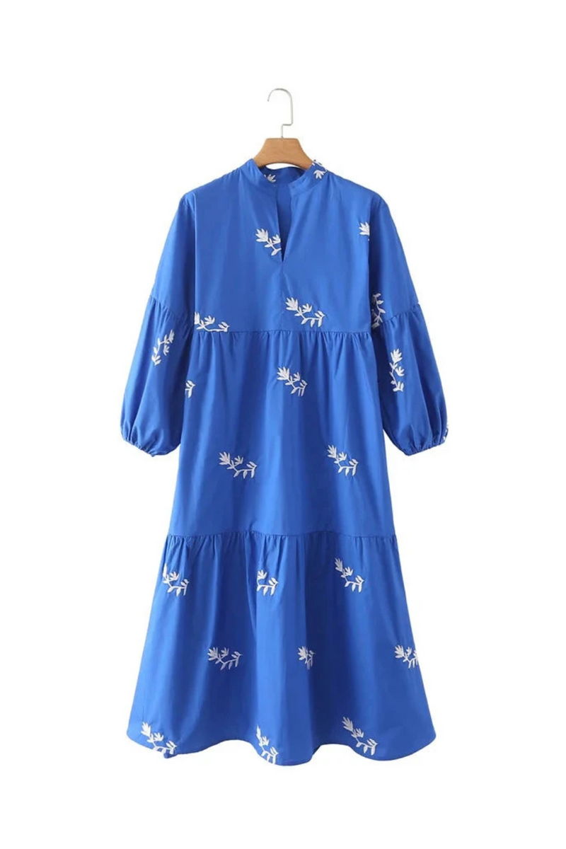 Women Floral Embroidery Casual Pleats Blue Midi Dress Female