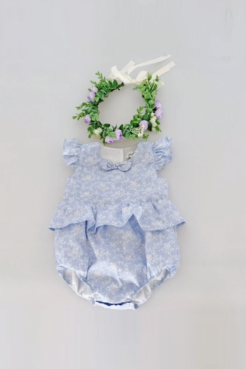 Petal Sleeve Round Neck Front Bow Decoration Retro Floral Pattern Newborn Baby Girls Romper