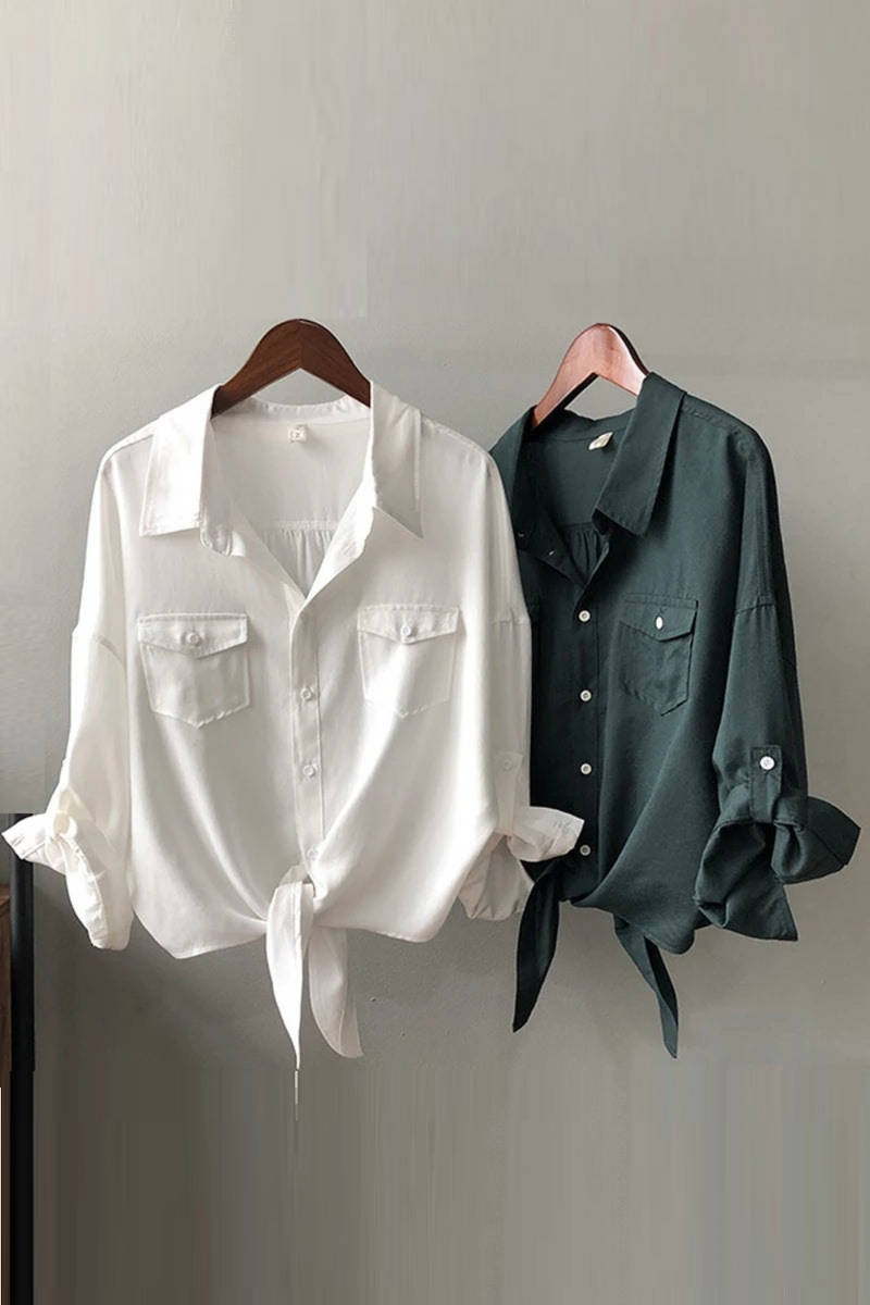 Linen Women Shirts Summer Collar Pocker Long-Sleeved Casual Female Outwear Tops