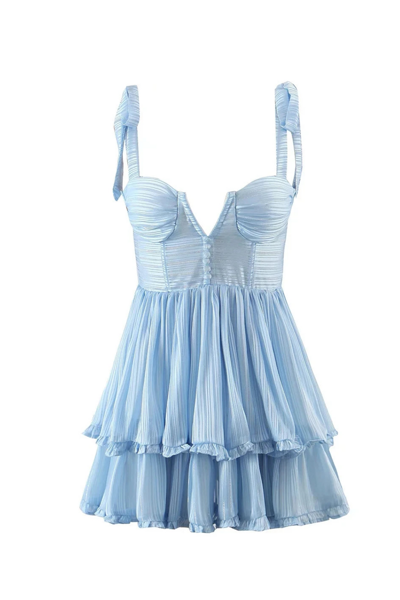 Strappy Party Mini Dress Chiffon Tiered Ruffles Summer Women Dress Bow Tie Ladies Woman Chic Dress