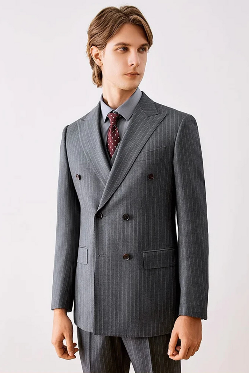 Wool Men Suits Set Grey Stripe Double Breasted Formal Wear Clothing Blazer Vest Pant