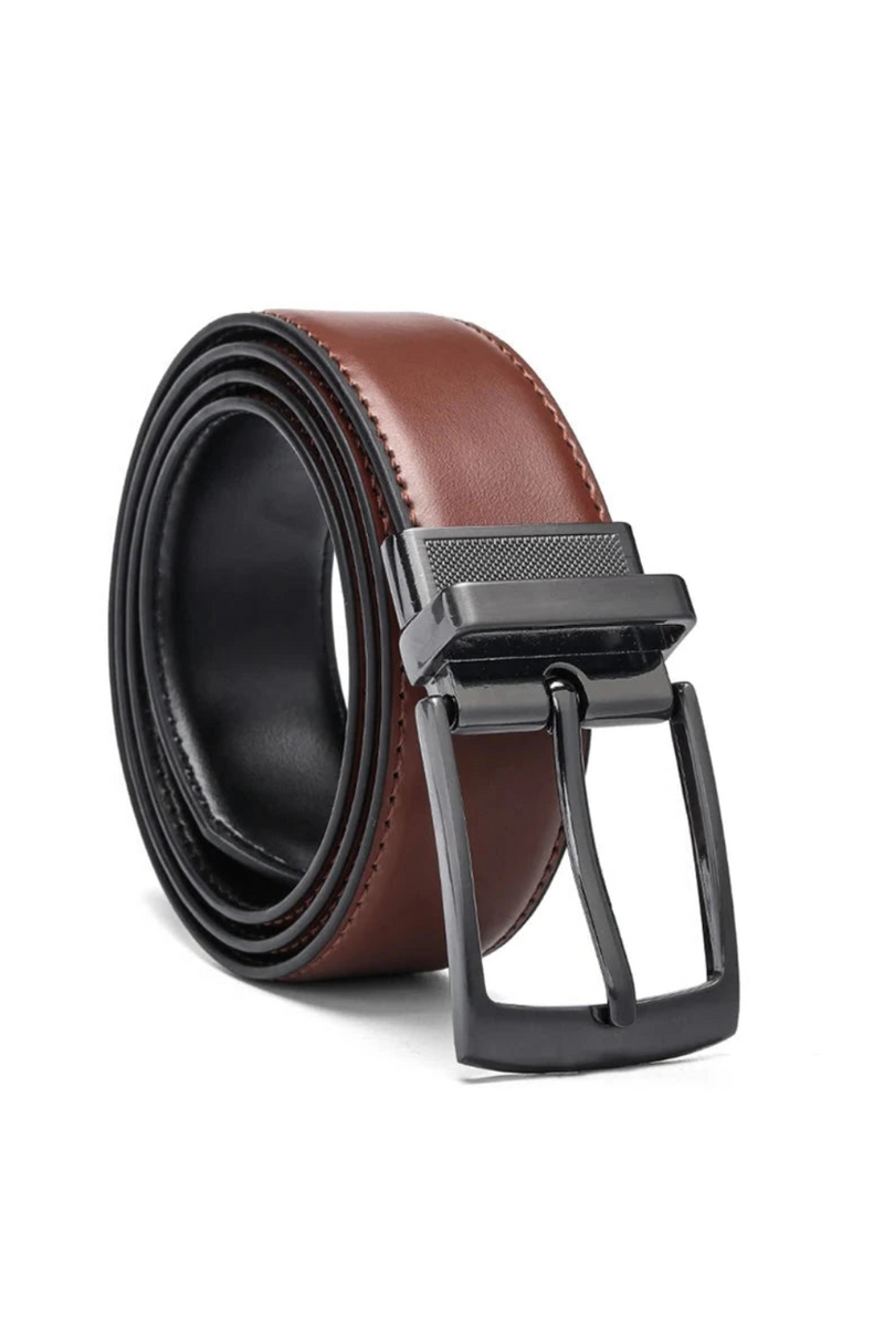 Men Leather Reversible Belt Brown-Black Classic Rotated Buckle Leather Belts