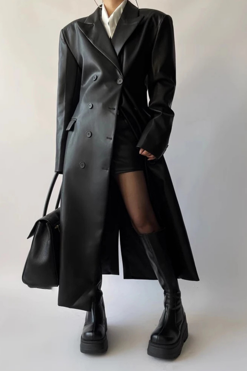 Leather Trench Coat for Women Shoulder Pads Double Breasted Luxury European Clothes