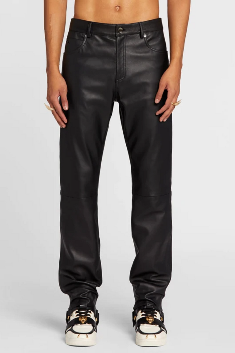 Black genuine leather casual personalized spring and autumn pants for men