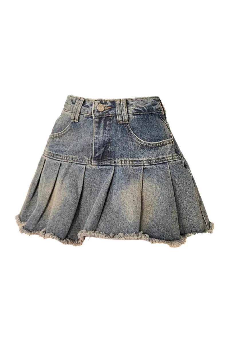 Women Summer Cute Denim Short Skirt High Waist Spliced Casual Mini Pleated Skirt