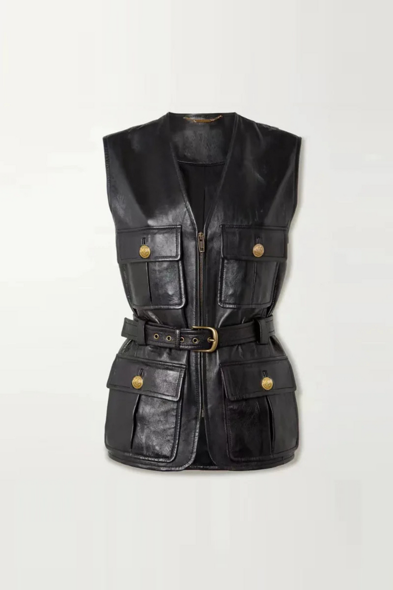 Genuine Leather Jacket Waistcoat Autumn Women Black  Zipper With Belt Vest Jacket Tops