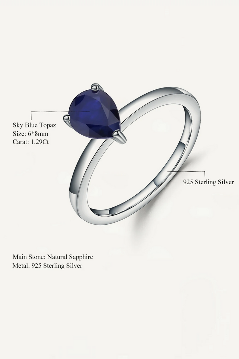 1.29Ct Natural Blue Sapphire Solitaire Gemstone Rings 925 Sterling Silver Water Drop Ring For Women Fine Jewelry