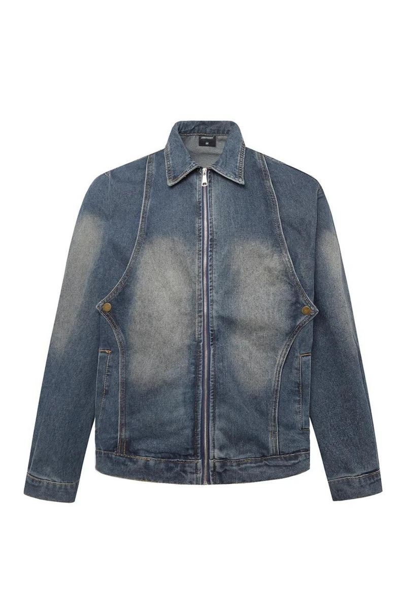 Spliced Denim Jacket Men Autumn Retro Lapel Zipper Fly Long Sleeve Jeans Jacket Men