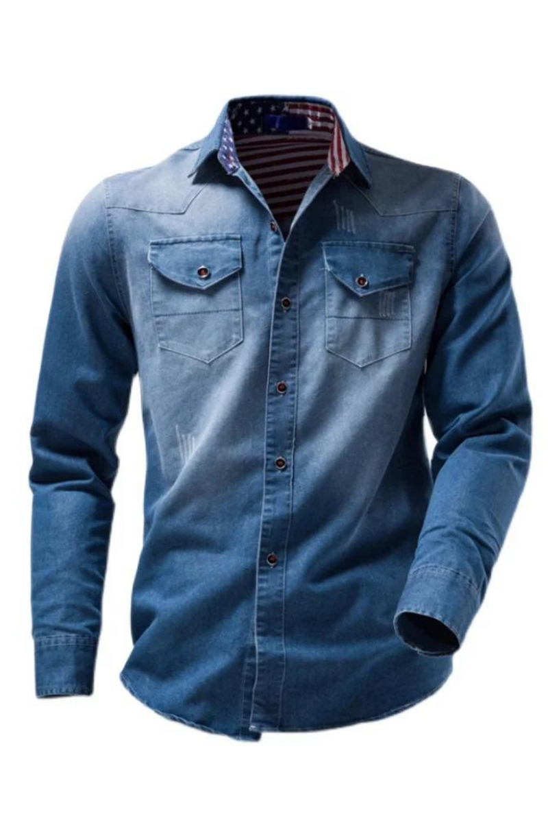 Spring Autumn Denim Shirt Men Casual Long Sleeve shirt Slim Fit Personality Pocket Blue Shirt