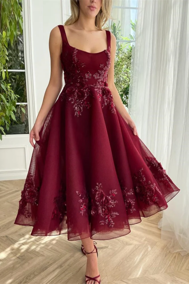 Evening Dress Lace Appliques Square Neck Formal Party Prom Gown