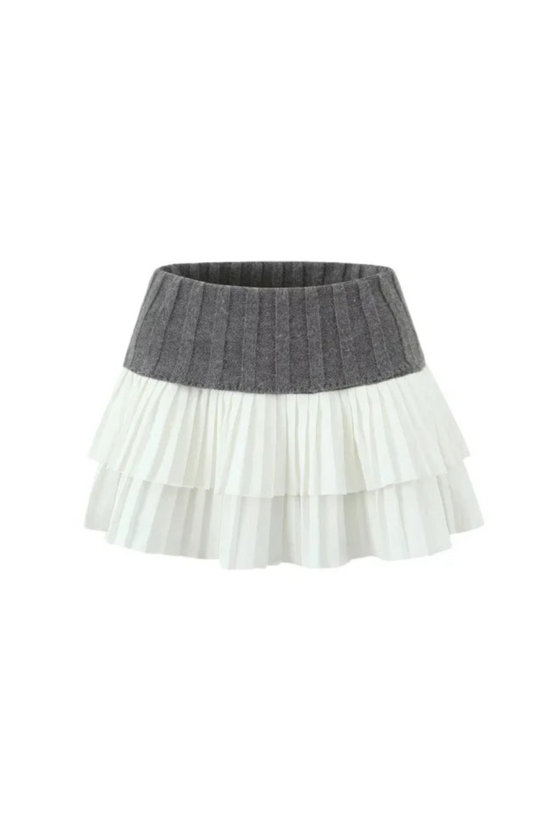 Women Knitted Patchwork Pleated Mini DOUBLE LAYER SKIRT