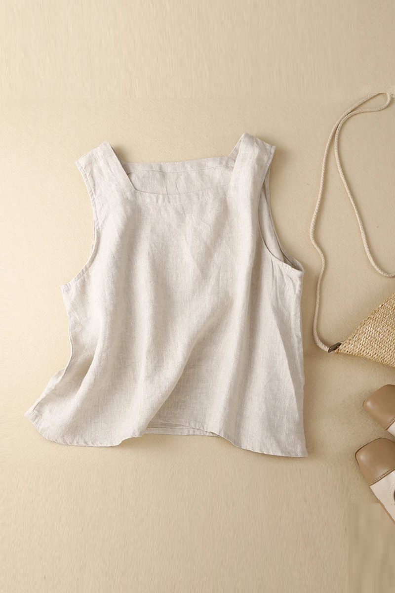 Linen Vest Women Square Neck Sleeveless Tank Tops Summer Tshirts