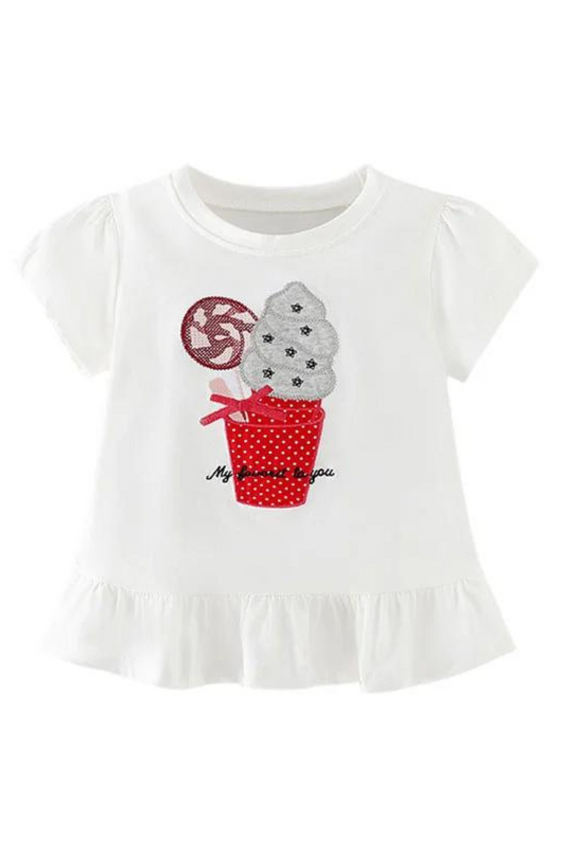 Ice Cream Embroidery Cotton Summer Girls Tshirts Baby Clothes Children's Tees Tops