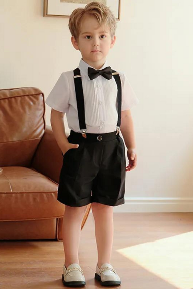 Kid Wedding Flower Boy Costume Formal Gentleman Single Breasted Strap Set Children Suit Toddler Short Sleeve Clothes