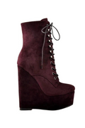 Women Burgundy Round Toe Lace-up Wedge High Heels Ankle Boots Winter