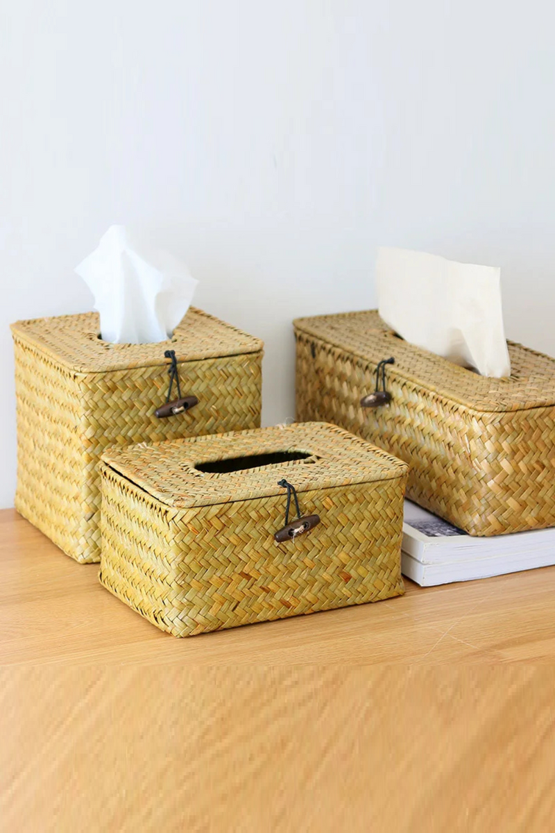 Straw Tissue Box Handmade Woven Napkin Holder Box Roll Paper Tray Car Living Room Storage Box Home Decor