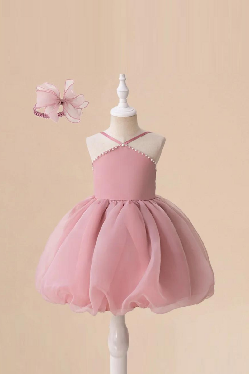 Flower Bud Girls Party Dress Off Shoulder Pearl Evening Elegant Pink Wedding Princess Dresses