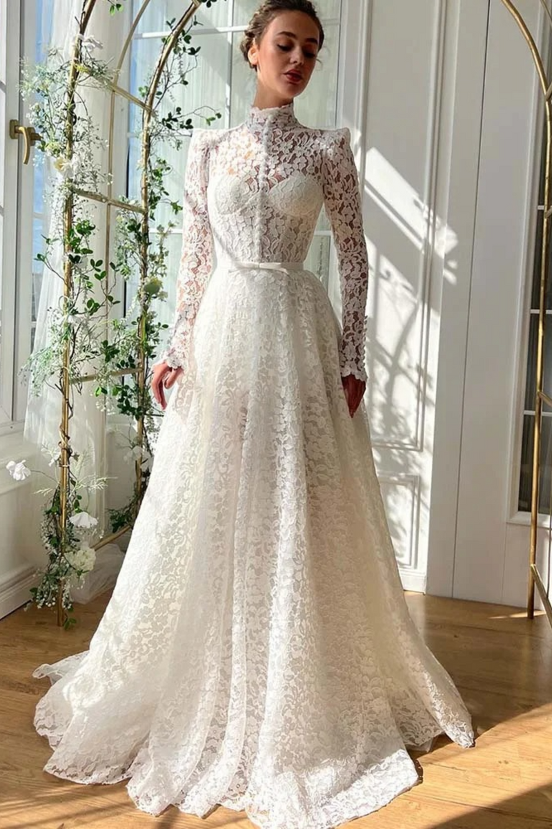 Lace Wedding Dresses Pleats Sweetheart Off Shoulder Bridal Gowns Appliques Long Sleeve Bride Dress