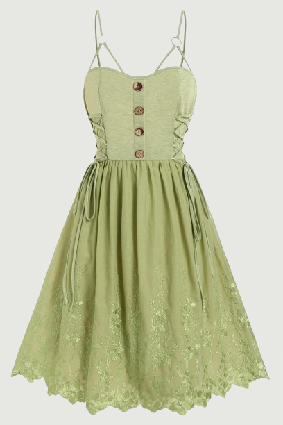 Flower Embroidery Dress Lace Up Mock Button Adjustable Straps Backless Robe Light Green For Spring