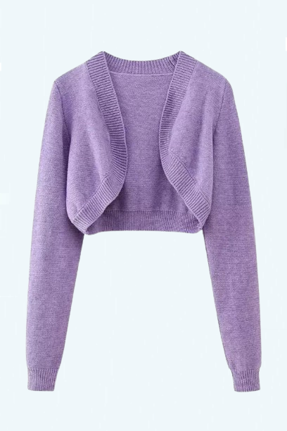 Women Long Sleeve Purple Crop Cardigan Coat