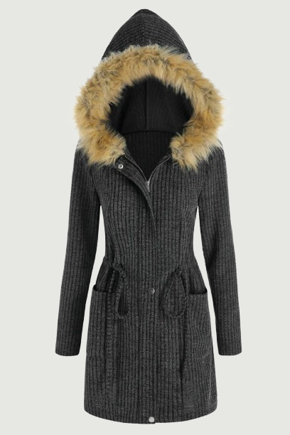 Panel Drawstring Hooded Ribbed Coat  Knitted Long Warm Coats For Women