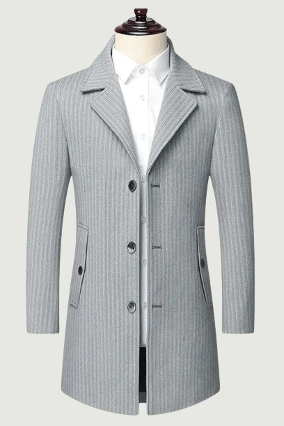 Men's Winter Suit Collar Mid-length Tweed Coat Business Casual Striped Tweed Coat