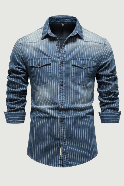 Men Denim Shirts Striped Stretch Long Sleeve Jeans Shirts for Men Casual Slim Cowboy Shirts