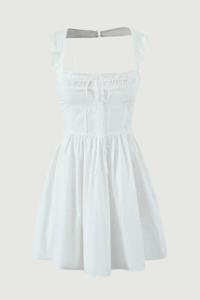 Sexy Backless Cotton White Dress Women Lace Trim Square Neck Sleeveless Summer Short Dresses Holiday Robe