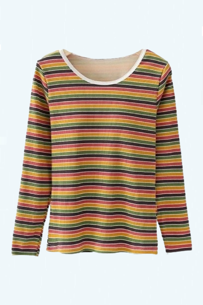 Women's Bra T-Shirts Striped Lace Tops Tees Round Neck Long Sleeve