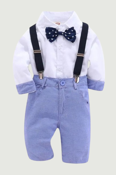 Kids Clothes Boy White Shirt With Bow Blue Pants Belt Suit Kindergarten Boy Dress Boy Outfits