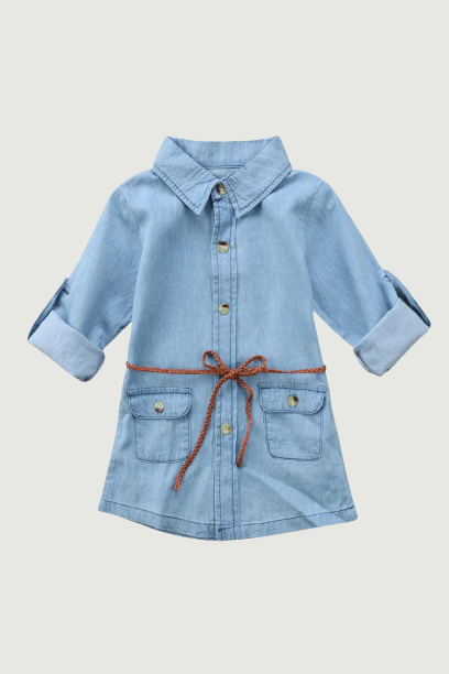 Baby Toddler Kids Girl Denim Pocket Dress Long Sleeve Party Princess Dresses With Belt