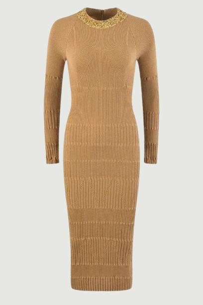 Beadings Collor Long Sleeve Midi Knit Women Dress Luxury Autumn Design