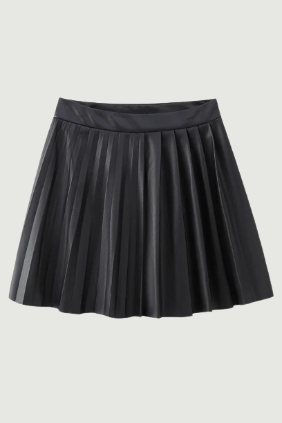 Women Autumn Preppy Style Pleated Short Skirts Streetwear Leather Mid Waist Mini Skirt