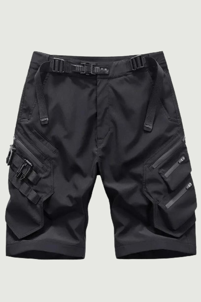 Cargo Shorts Men Functional Multi Pockets Shorts Streetwear Knee Length Pants Black
