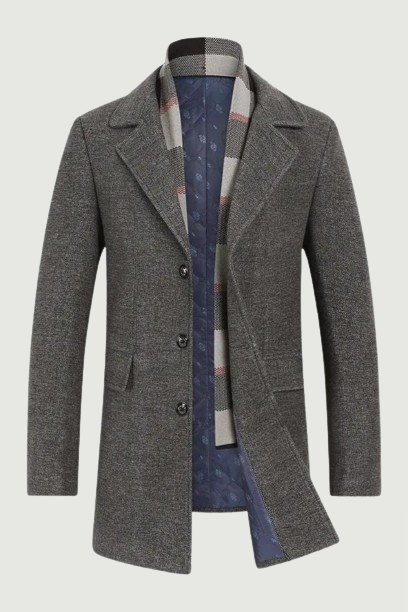 Men's Wool Blend Coat With Plaid Scarfs Notched Collar Single Breasted Pea Coat Casual Business Outerwear Jacket Male