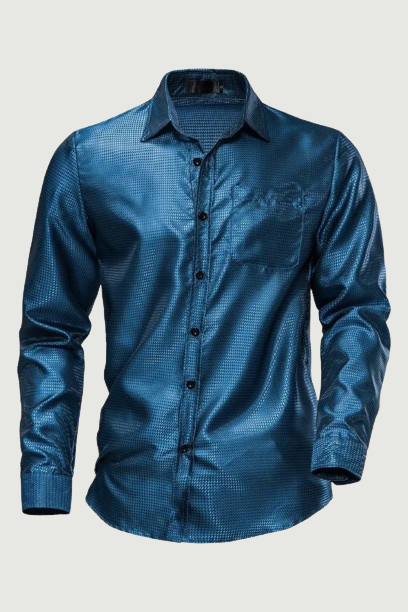 Mens Shiny Blue Shirt  Long Sleeve Button Down Dress Shirts Men Party Stage Singer Shirt Man