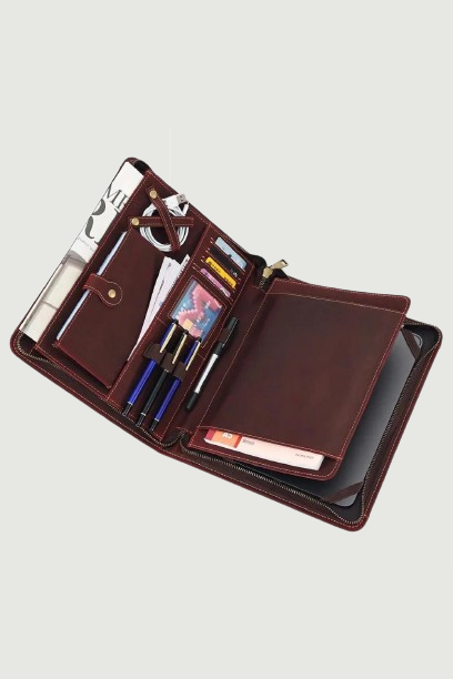 Zippered Genuine Leather Business Portfolio Carrying Organizer Business Card Phone Pocket Pen Slots for IPad Tablet Holder