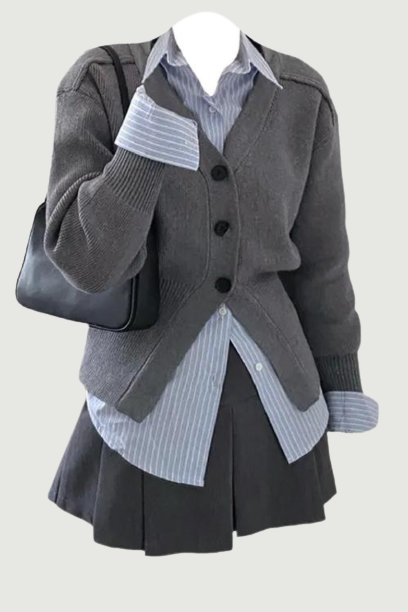 Preppy Style Sweet Wind Suit Clothing Set Female Student Striped Blouses Knitwear Cardigan Skirt