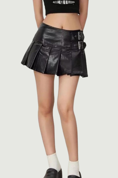 Leather Mini Skirt Women Punk Style Low Waist Patchwork Pleated Skirt Vintage Streetwear Autumn