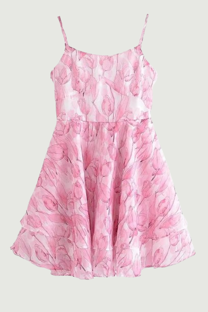 Sweet Women Pink Floral Sexy Sling Mini Dress Sleeveless Female Mini Summer Dresses Holiday Robe