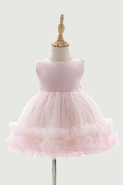 First Birthday Girl Party Ball Gown Pink Puffy Baby's Dress Ruched Toddler Girl Clothes