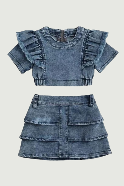 Infant Kids Girl Clothing Set Denim Short-sleeved T-shirt Denim Skirt Two-piece Suit for Vacation Birthday Party