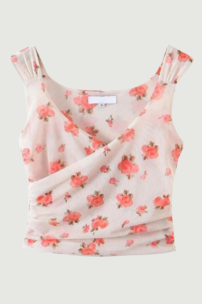 Summer Crop Tops Woman Cute Sweet Sexy Cross V-Neck Rose Mesh Short Vest Female Tank Tops