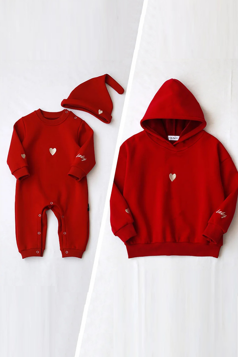 Family Matching Clothes Winter Thicken Warm Sweater Heart  Baby Bodysuit Brother Sister Hoody Outfit