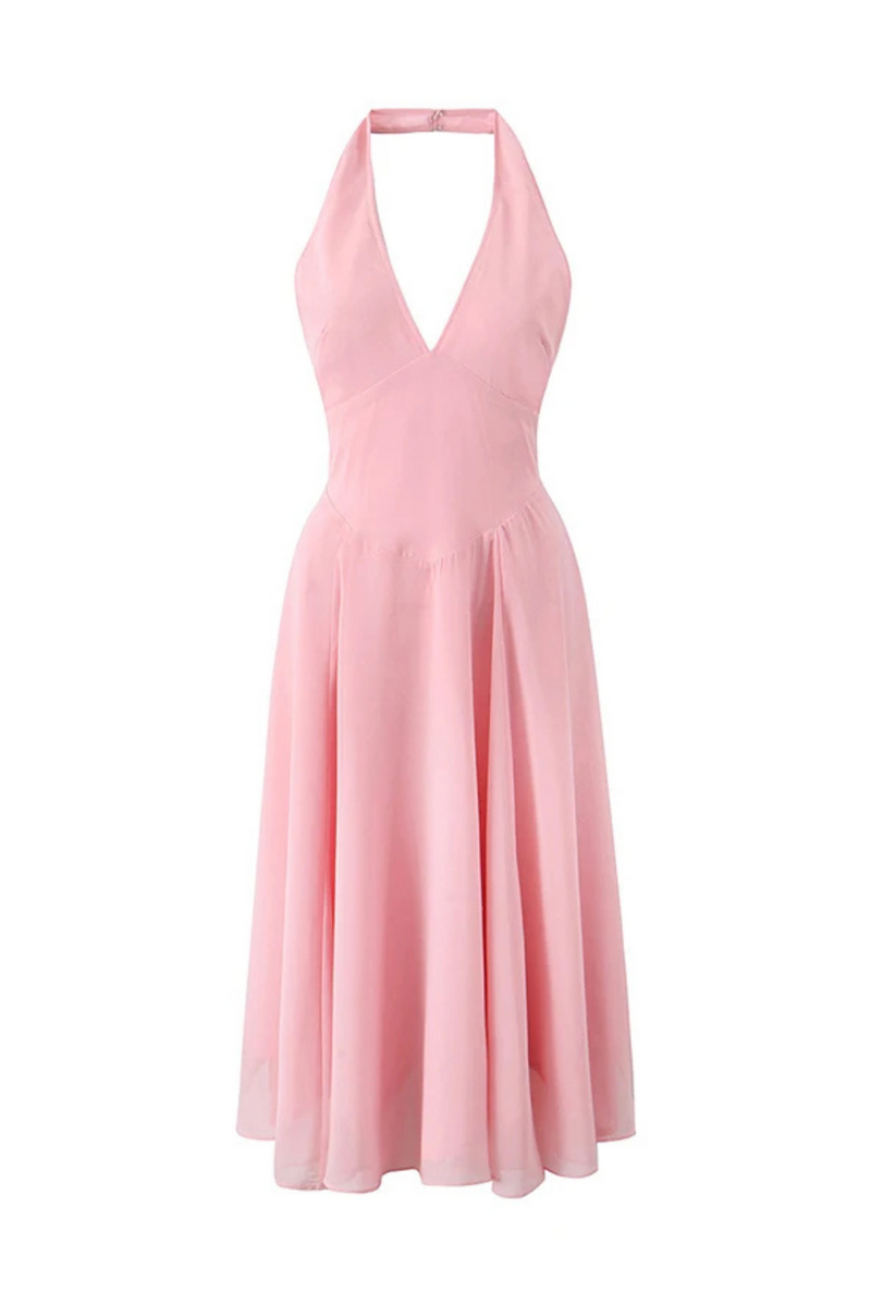 Backless Pink Halter Dress For Women Sleeveless A-line Midi Party Dresses Summer