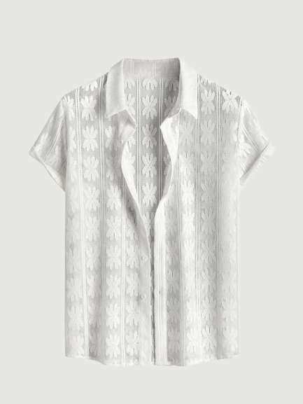 Cotton Shirts for Men Floral Openwork Sheer Short Sleeves Shirt Summer See-Through Streetwear Thin Trendy Tops