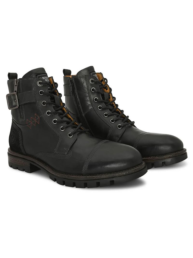 MEN BROWN CAP TOE SIDE ZIPPER BUCKLED BOOTS