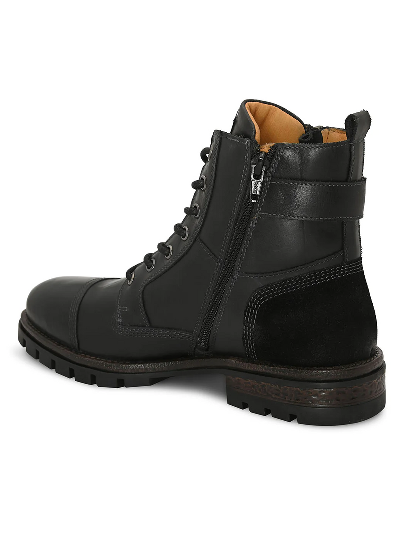 MEN BROWN CAP TOE SIDE ZIPPER BUCKLED BOOTS