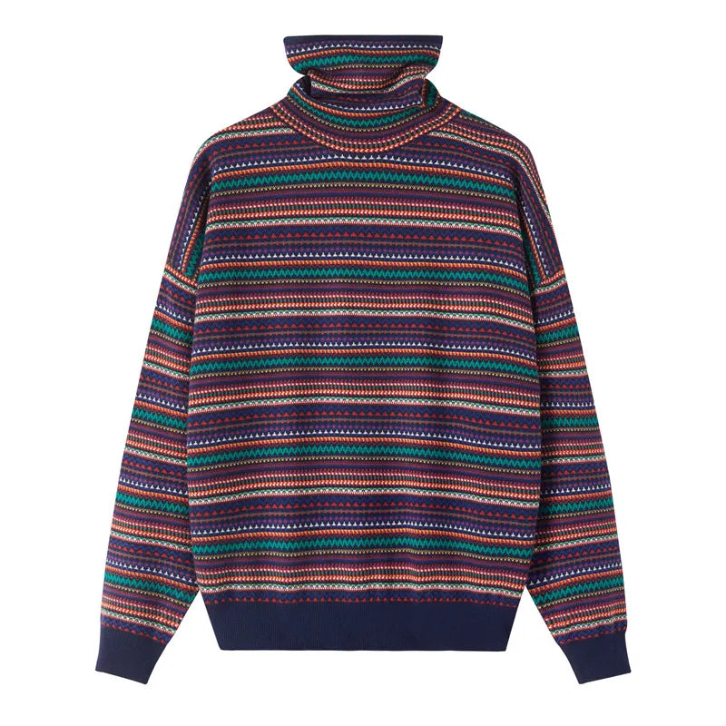 Retro Turtleneck Cashmere Sweater Women Striped Pullover Knitwear Wool Knitted Basic Shirt