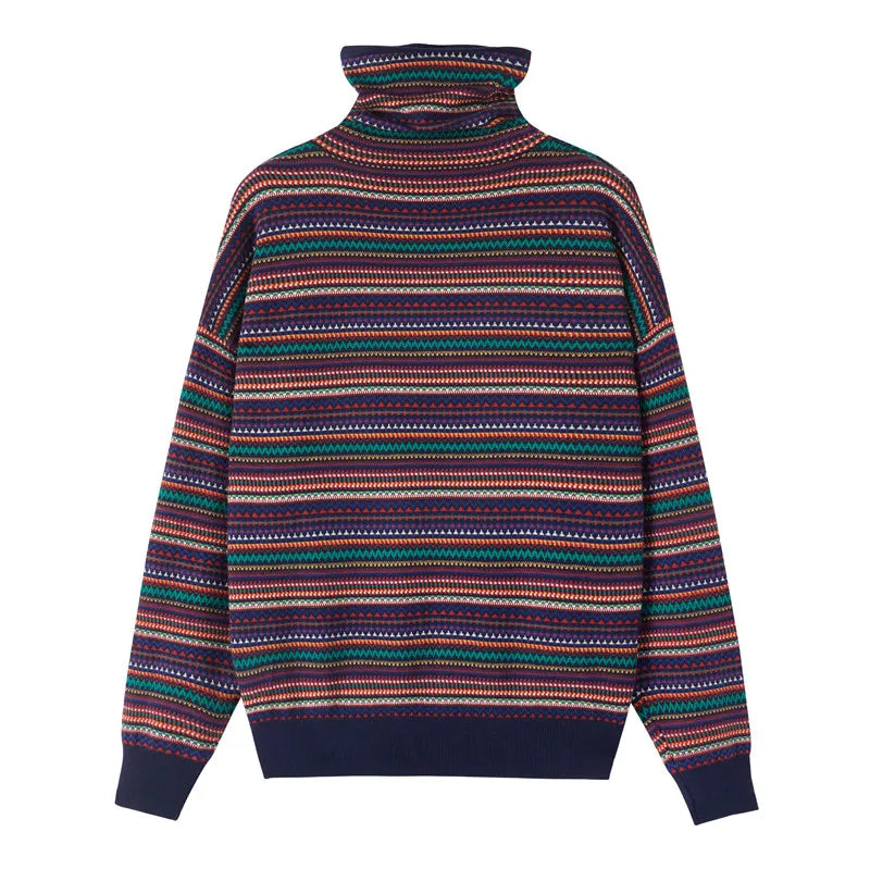 Retro Turtleneck Cashmere Sweater Women Striped Pullover Knitwear Wool Knitted Basic Shirt